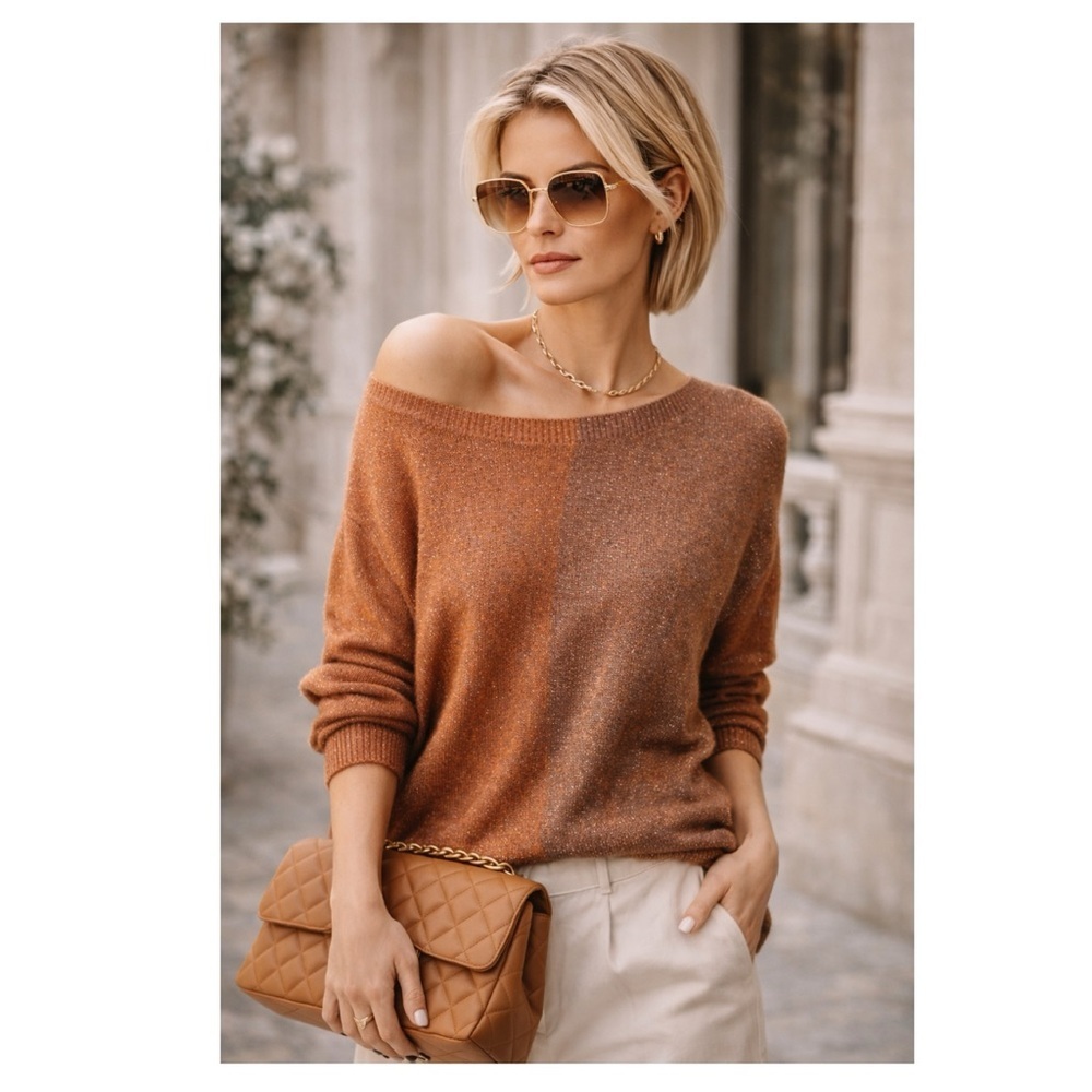 GIGI MODA $141 Argento Dual Toned Sweater Rust Brown Metallic Thread Italy Made